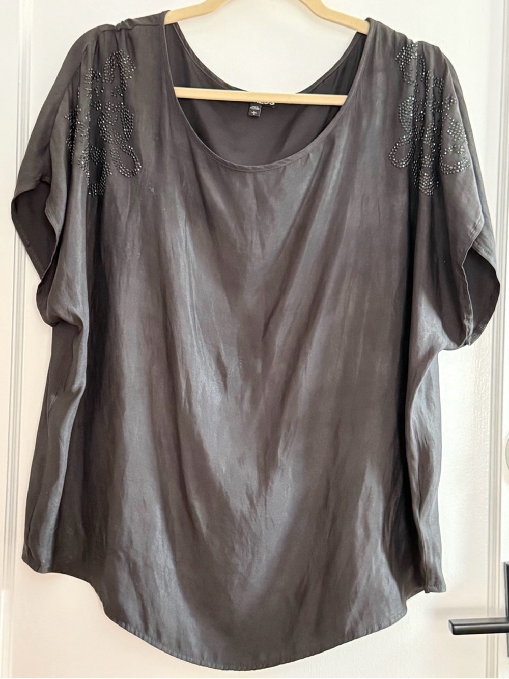 Express Deep Gray Silk Cap Sleeve Embellished Blouse